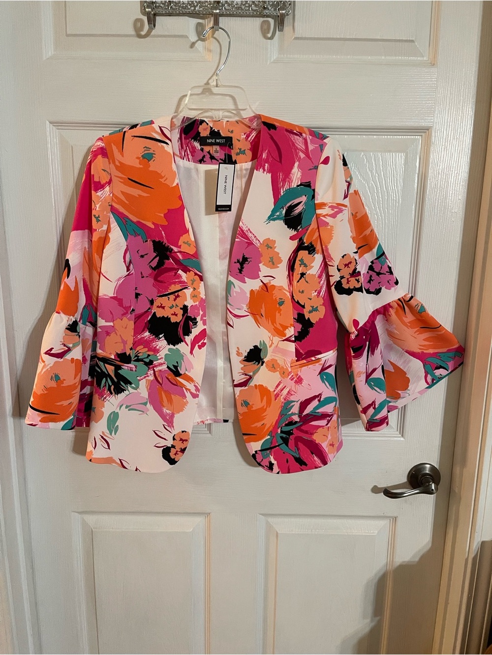 Nine West Floral Bell-Sleeve Open Blazer - Pink, Orange, Teal